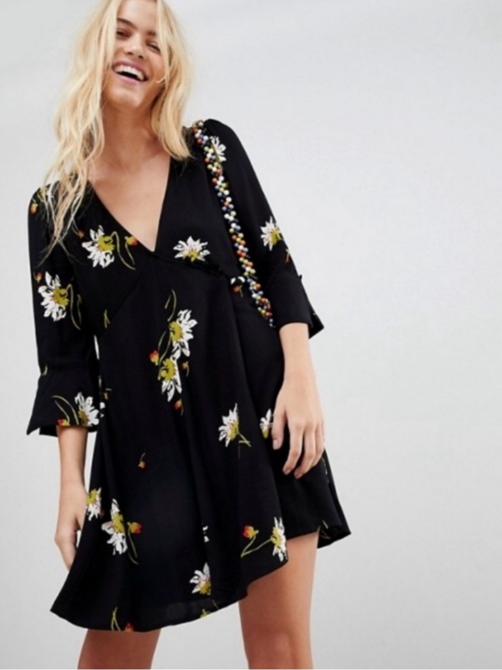 Free People Black Floral V-Neck Mini Dress with Flower Blossoms